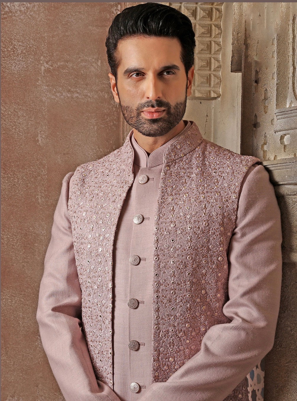 Wedding Wear Textured Long Bundi and Kurta Set