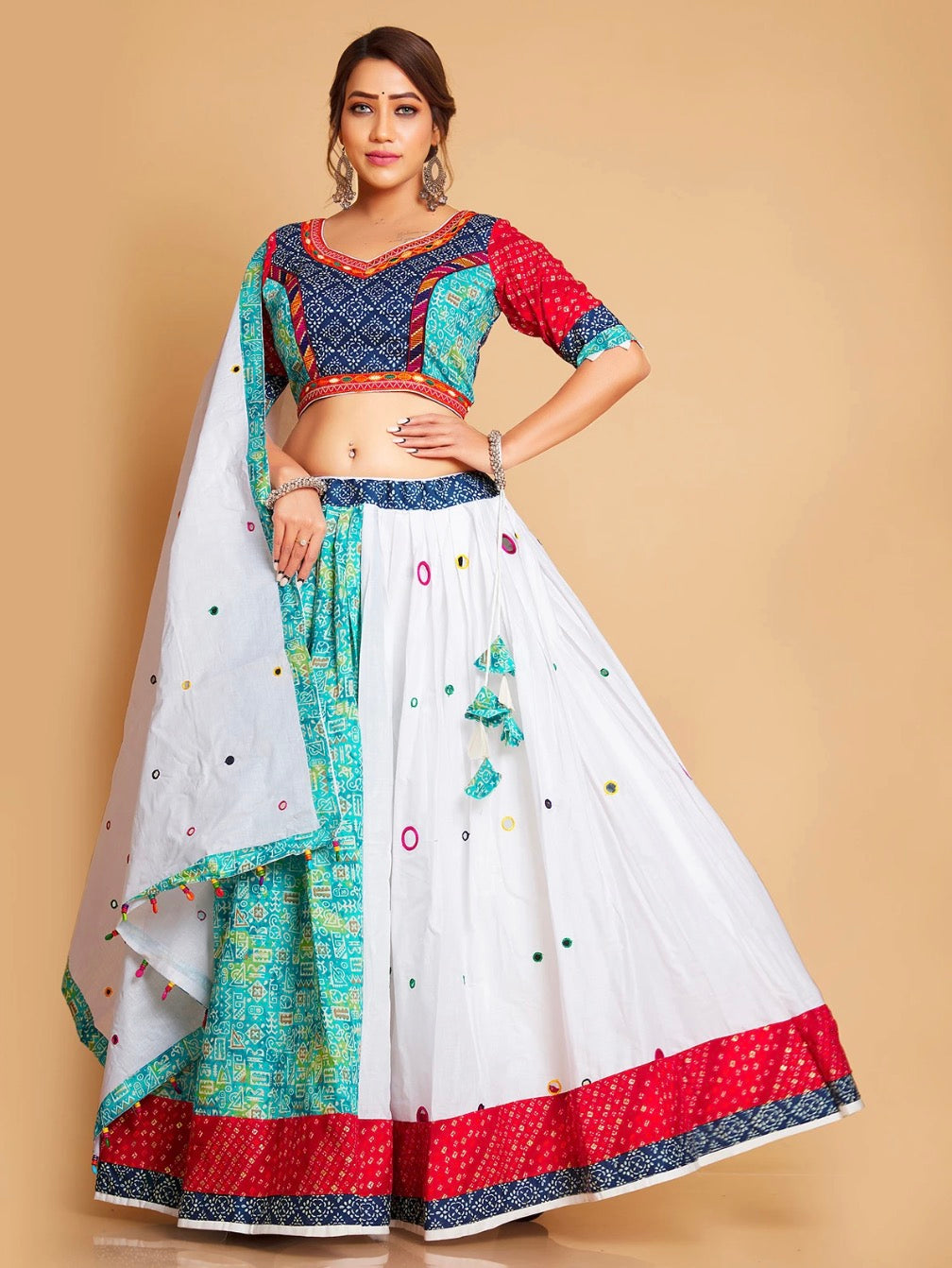 White and Sea Green Chaniya Choli