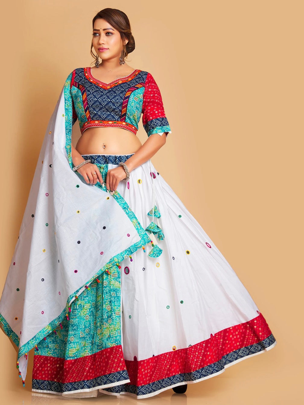 White and Sea Green Chaniya Choli