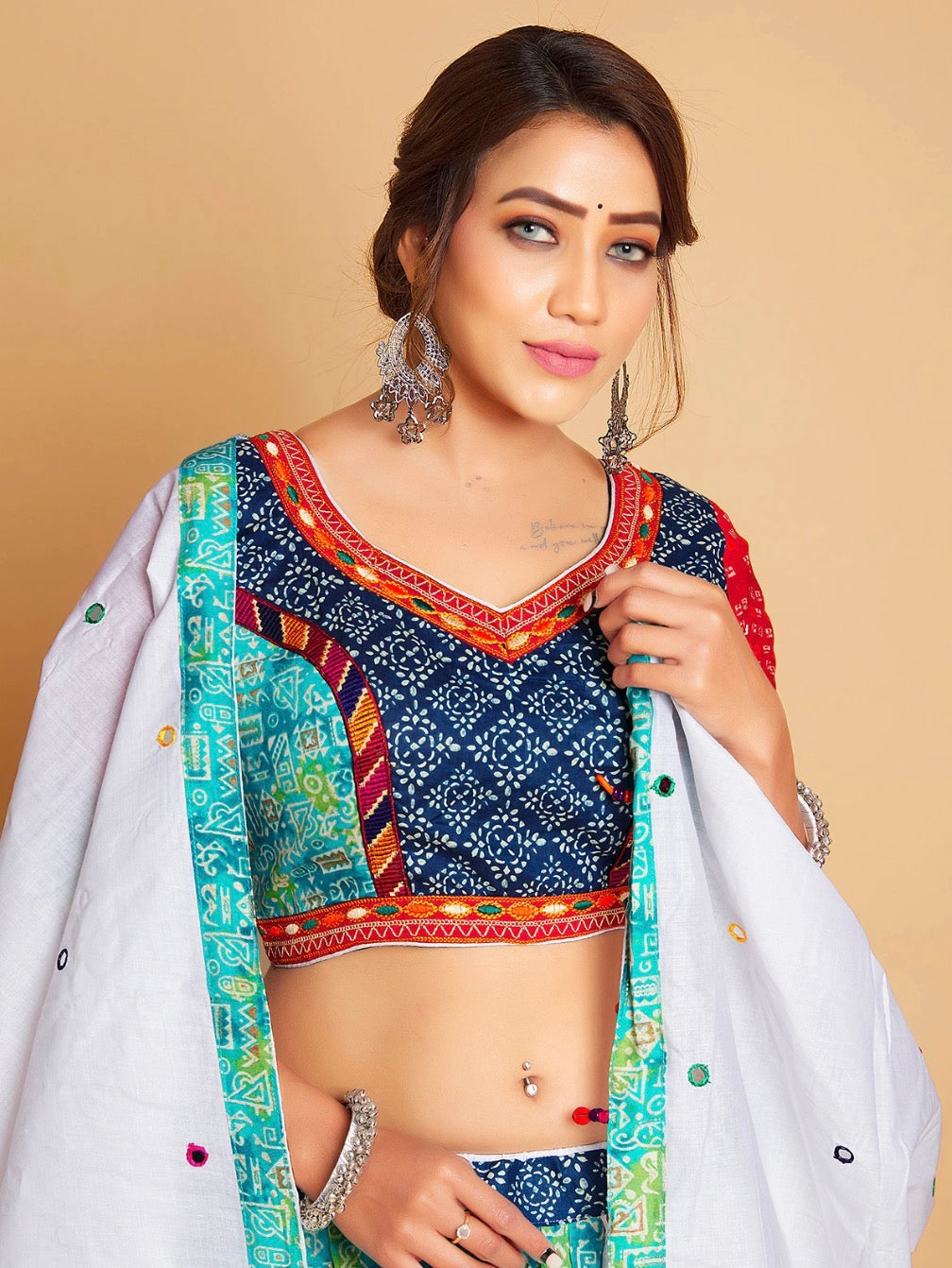 White and Sea Green Chaniya Choli