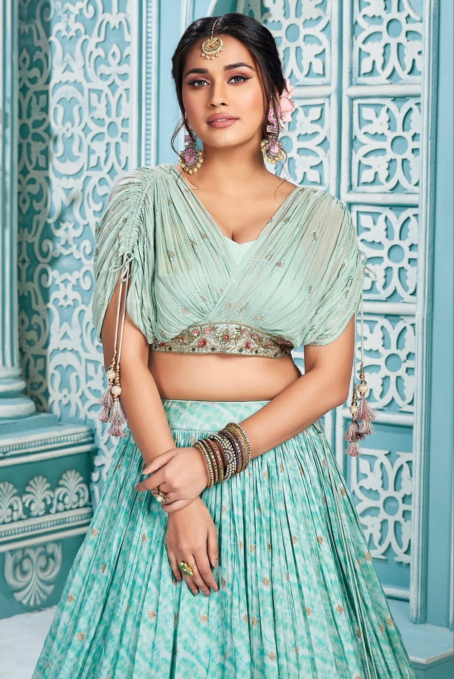 Pastal Green Tie Dye Wedding Wear Lehenga Choli