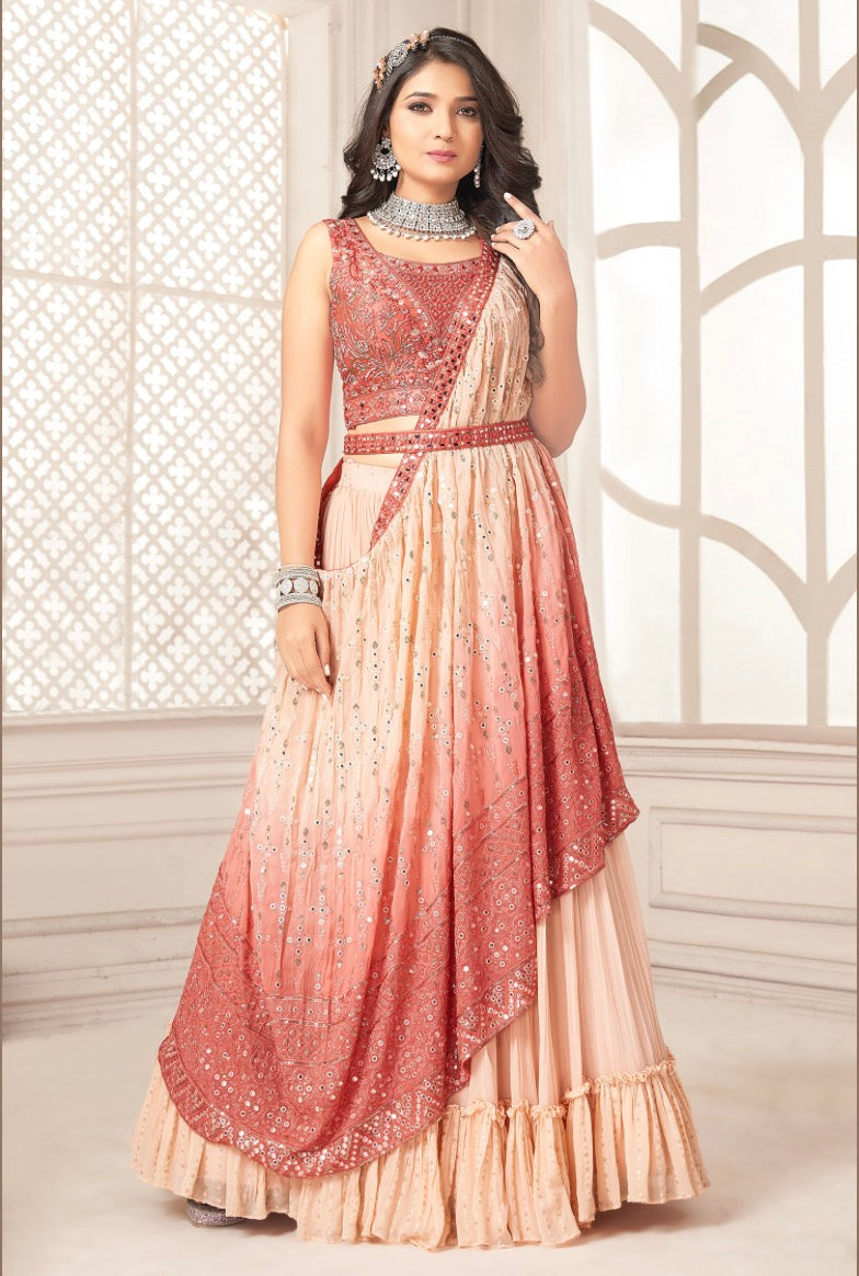 Peach Party Wear Fancy Dupatta Lehenga Choli