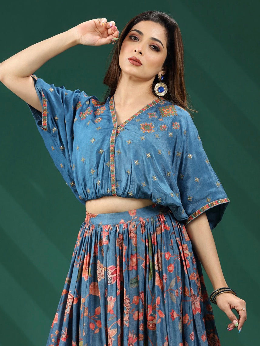 Blue Indo Western Crop Top With Lehenga