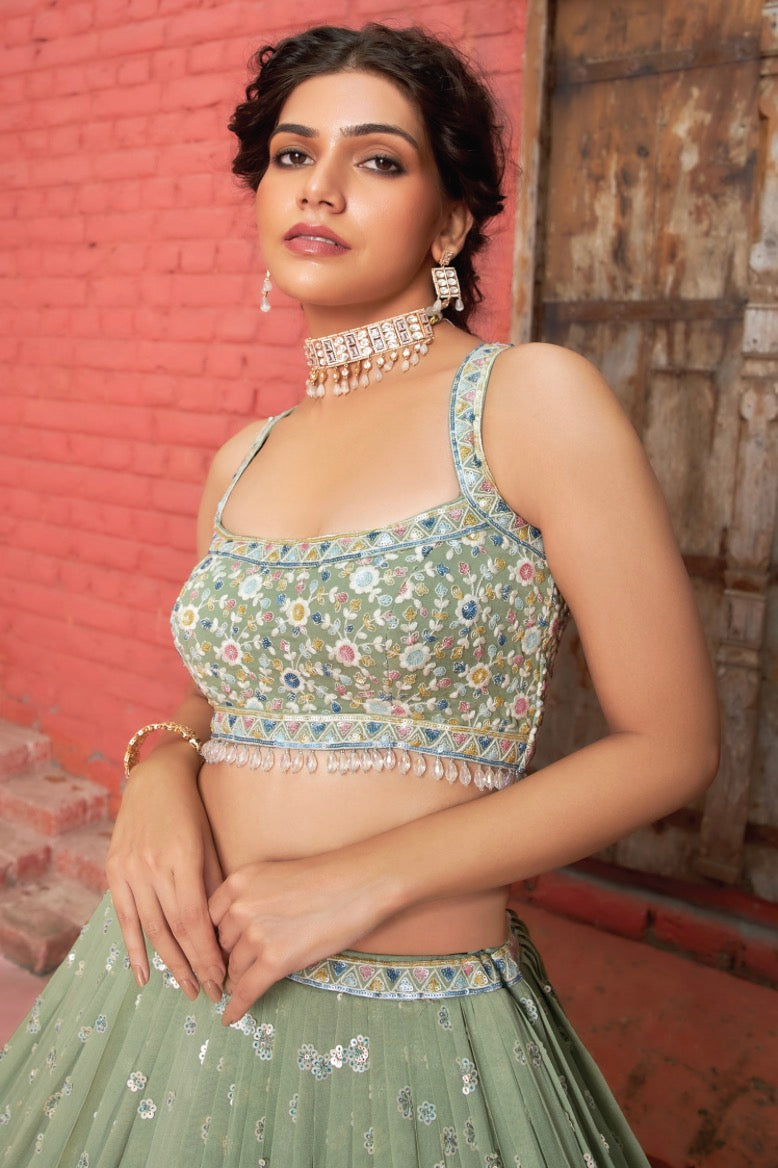 Sage Green Wedding Wear Lehenga Choli