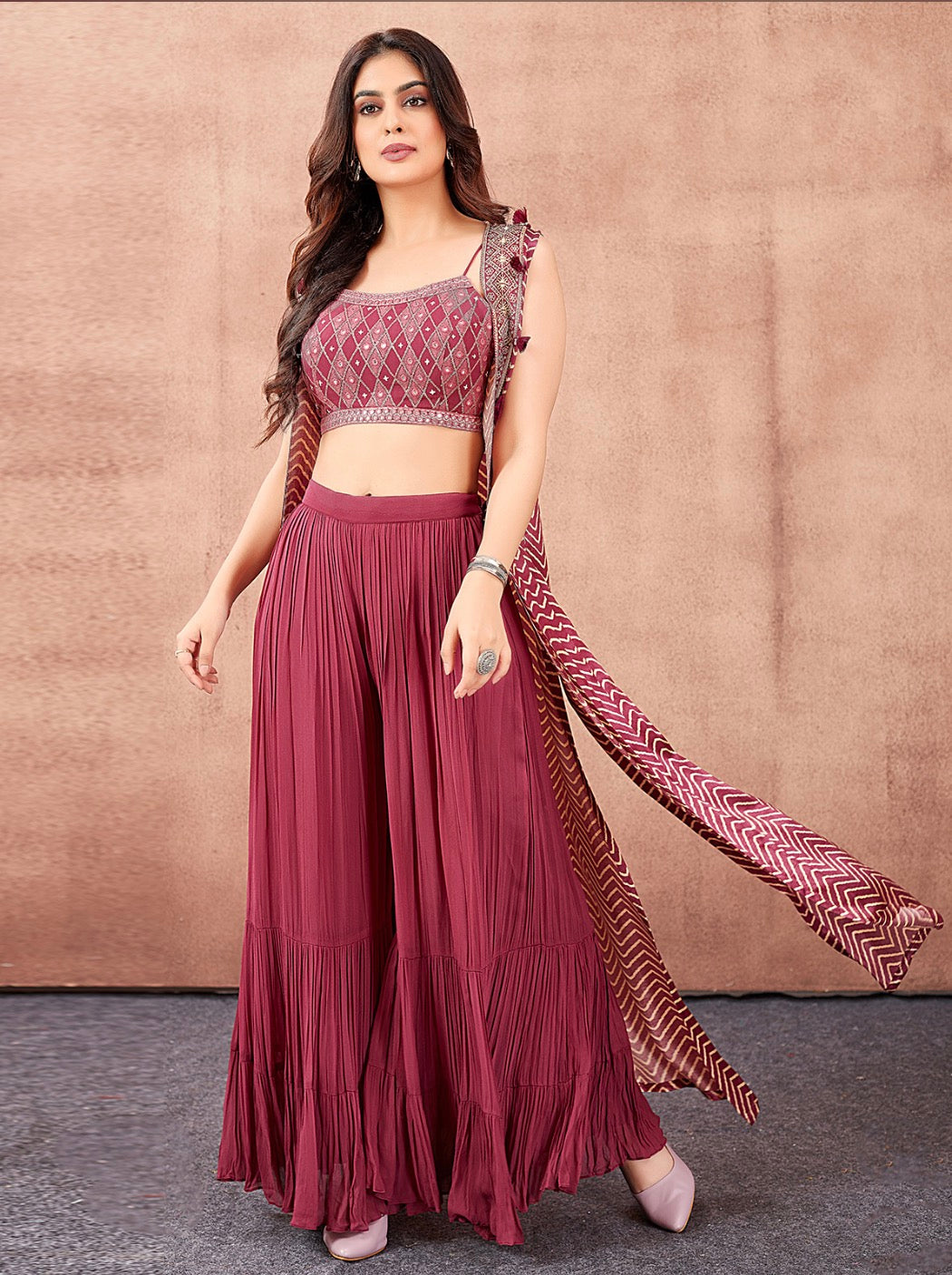 Dark Pink Palazzo Suit With Snug