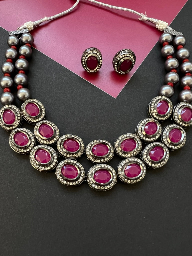 Black Rhodium Polish Kundan Ruby Necklace