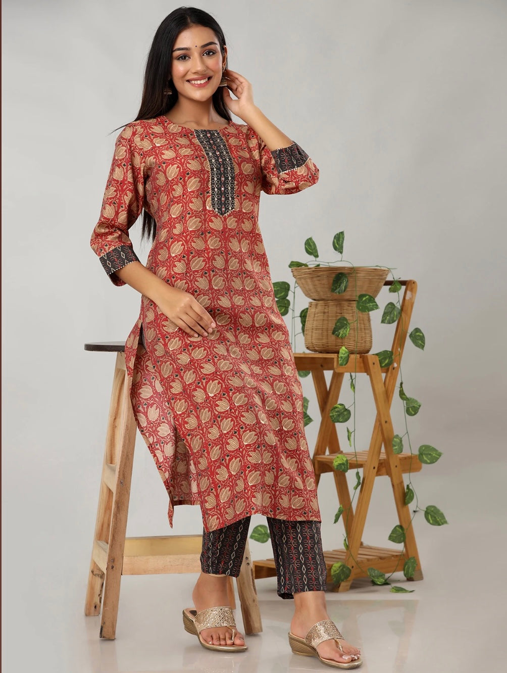 Red Casual Wear Kurti With Pants