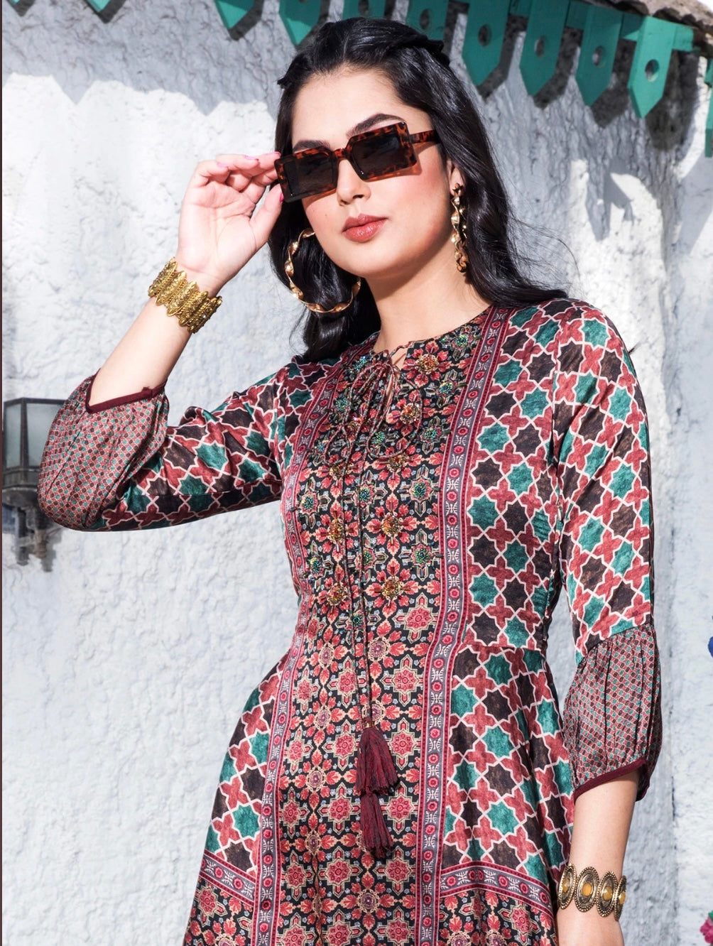 Maroon and Multi Color Festive Wear Long Kurti