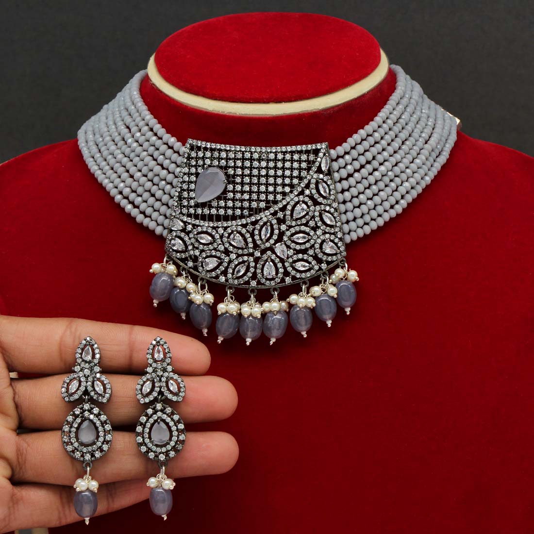 Black Polish American Diamond Gray Necklace