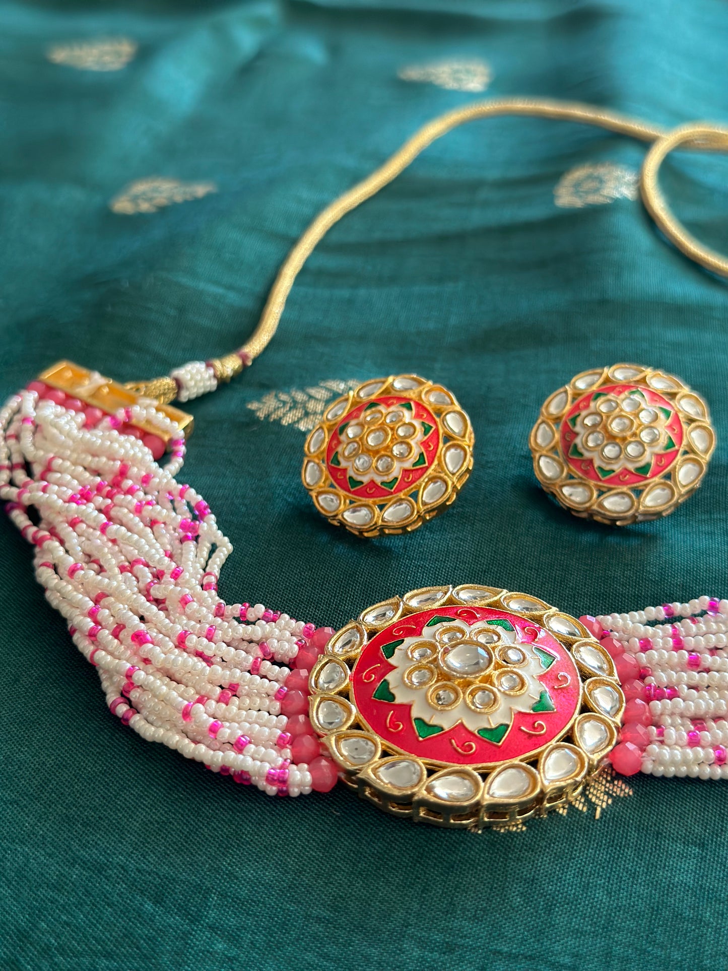 Pink Moti Choker Necklace Set