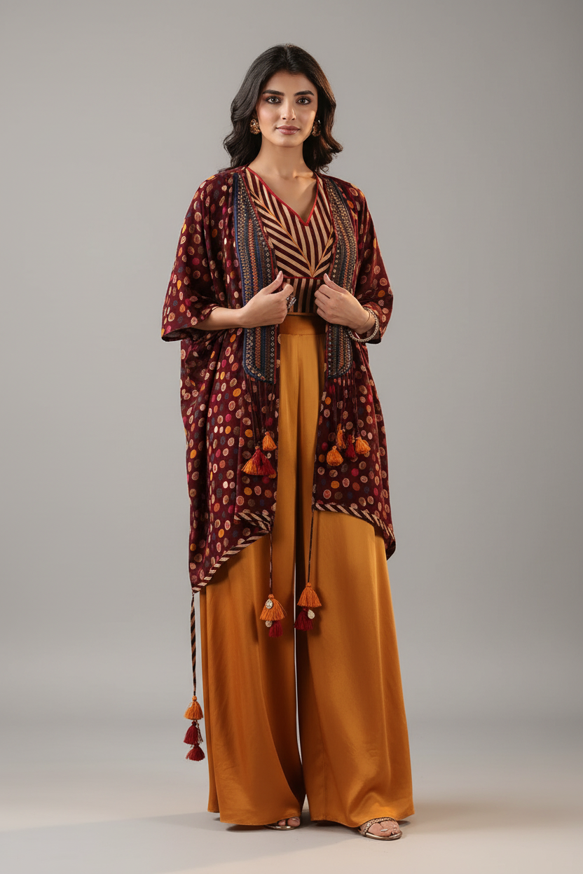 Wine and Yellow Indo-Western Outfit
