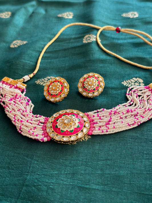 Pink Moti Choker Necklace Set