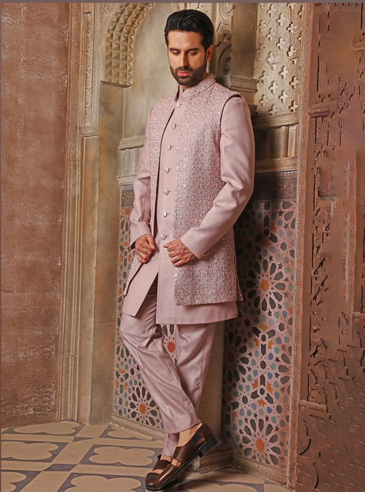 Wedding Wear Textured Long Bundi and Kurta Set