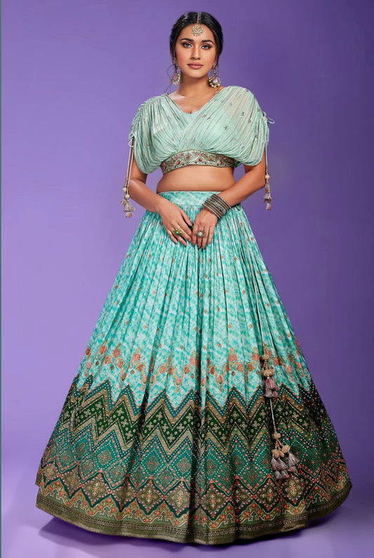 Pastal Green Tie Dye Wedding Wear Lehenga Choli