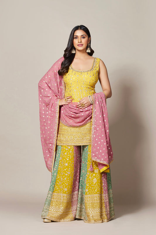 Yellow and Multi Color Sharara Suit
