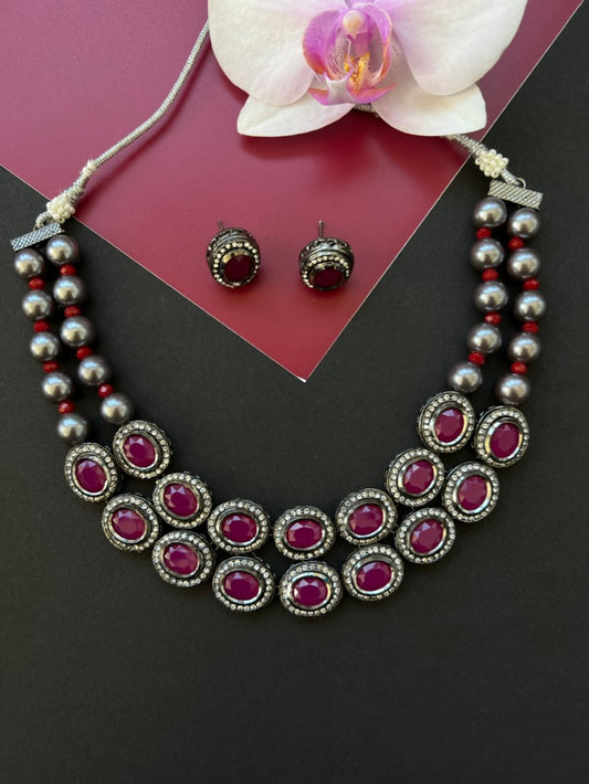 Black Rhodium Polish Kundan Ruby Necklace