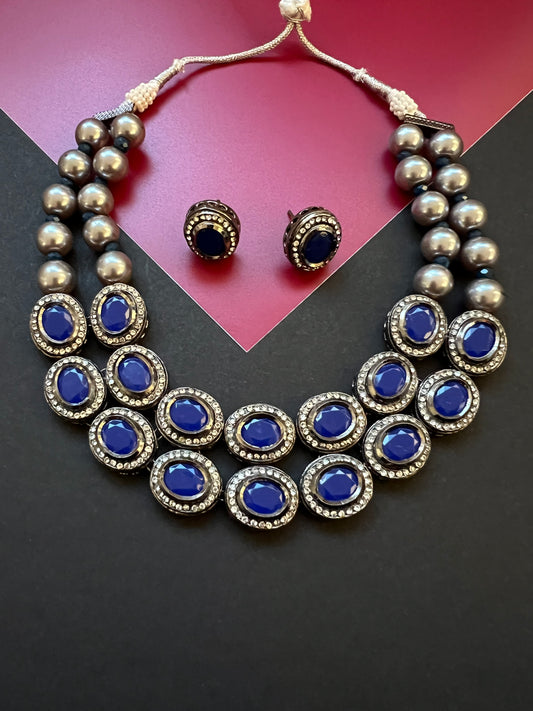 Black Rhodium Polish Kundan Blue Necklace