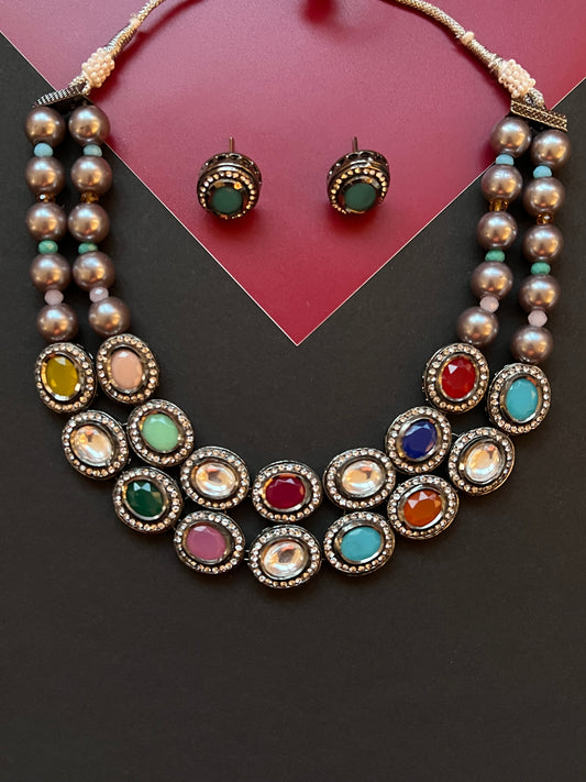 Black Rhodium Polish Kundan Multi-Color Necklace