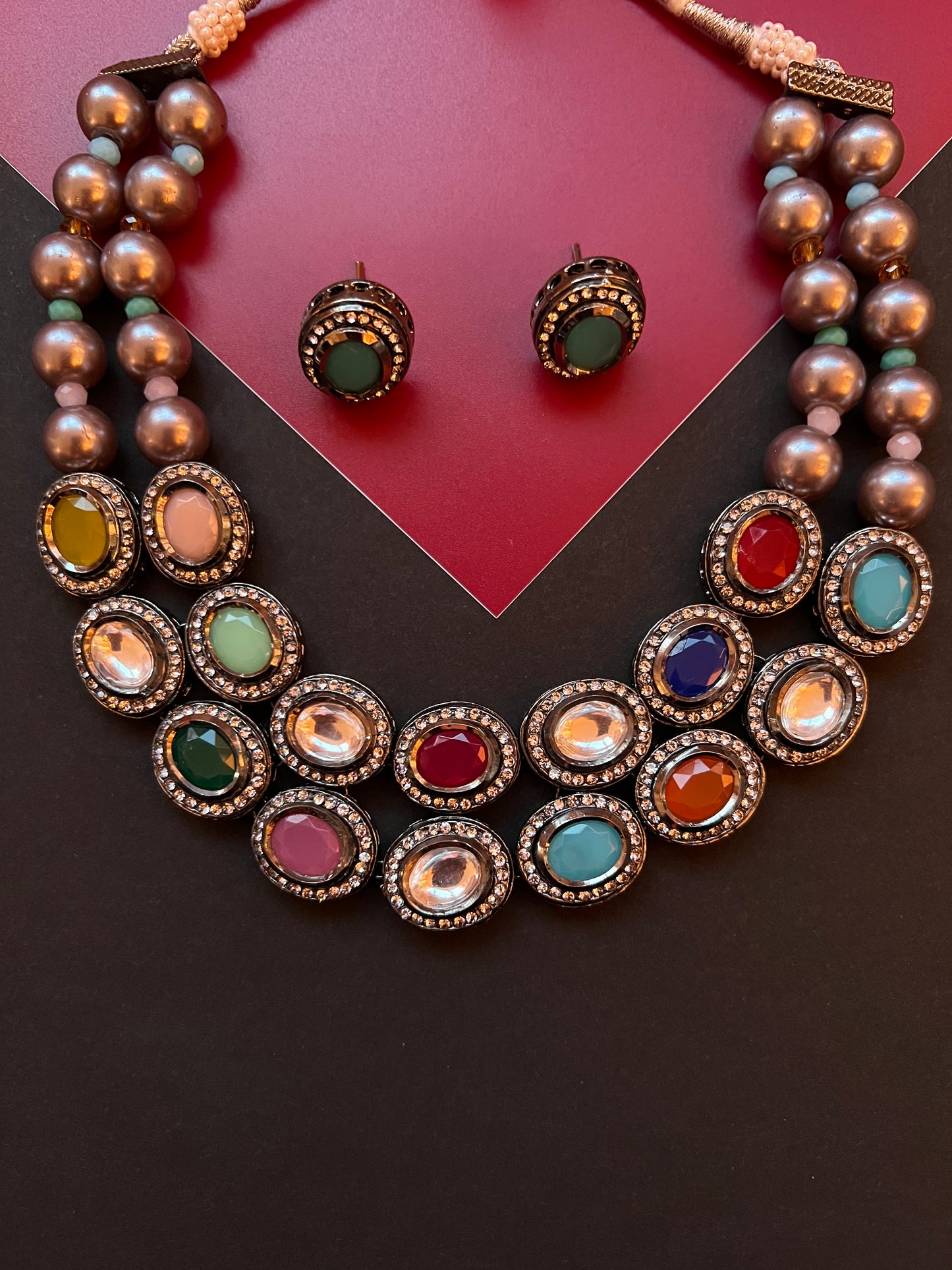 Black Rhodium Polish Kundan Multi-Color Necklace