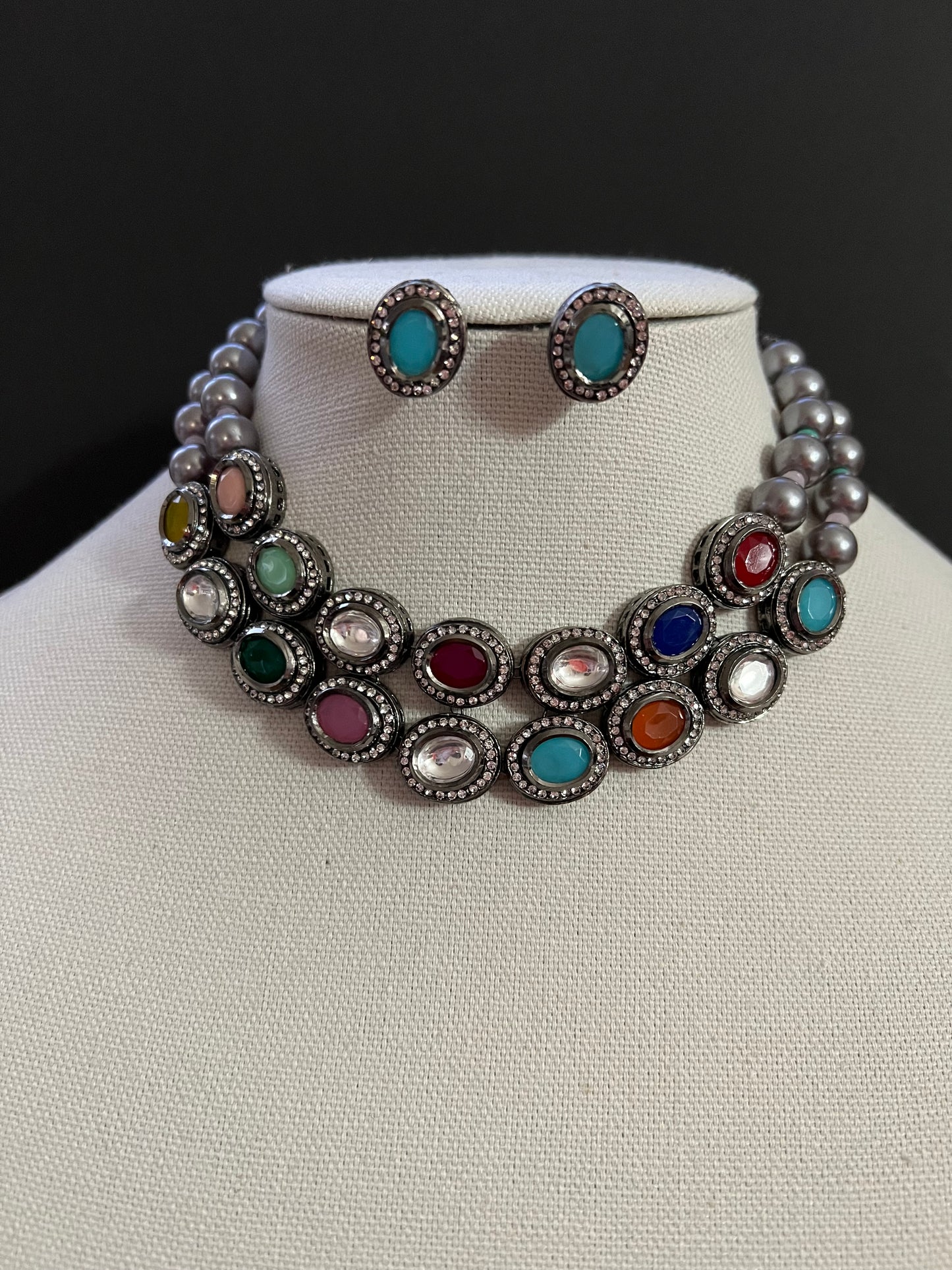 Black Rhodium Polish Kundan Multi-Color Necklace