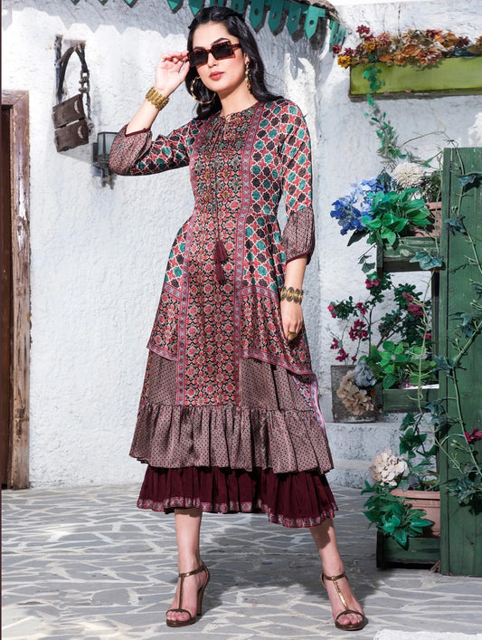 Maroon and Multi Color Festive Wear Long Kurti