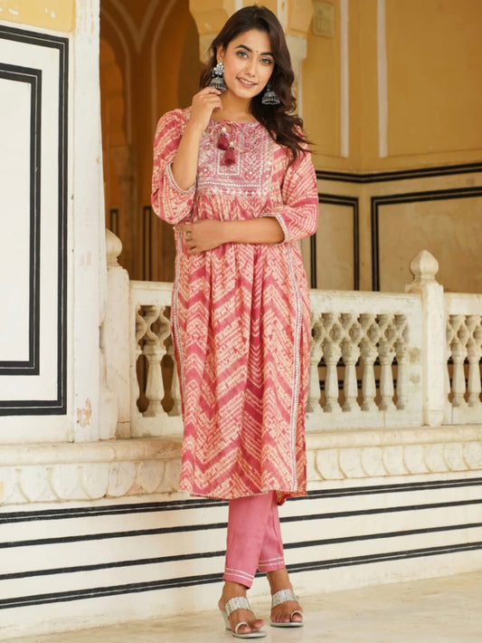 Pink and Multi-Color Casual Wear Kurti With Pants